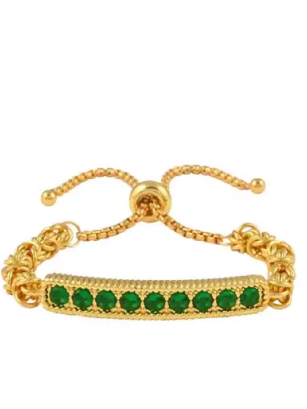 Green Simulated Diamond Bolo Bracelet in ION Plated Yellow Gold Stainless Steel